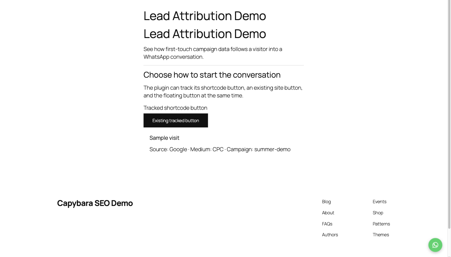 Display the tracked floating button and shortcode button on a WordPress page.