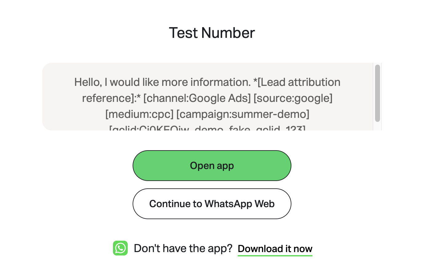 Send a prefilled WhatsApp message containing the captured lead-source data.