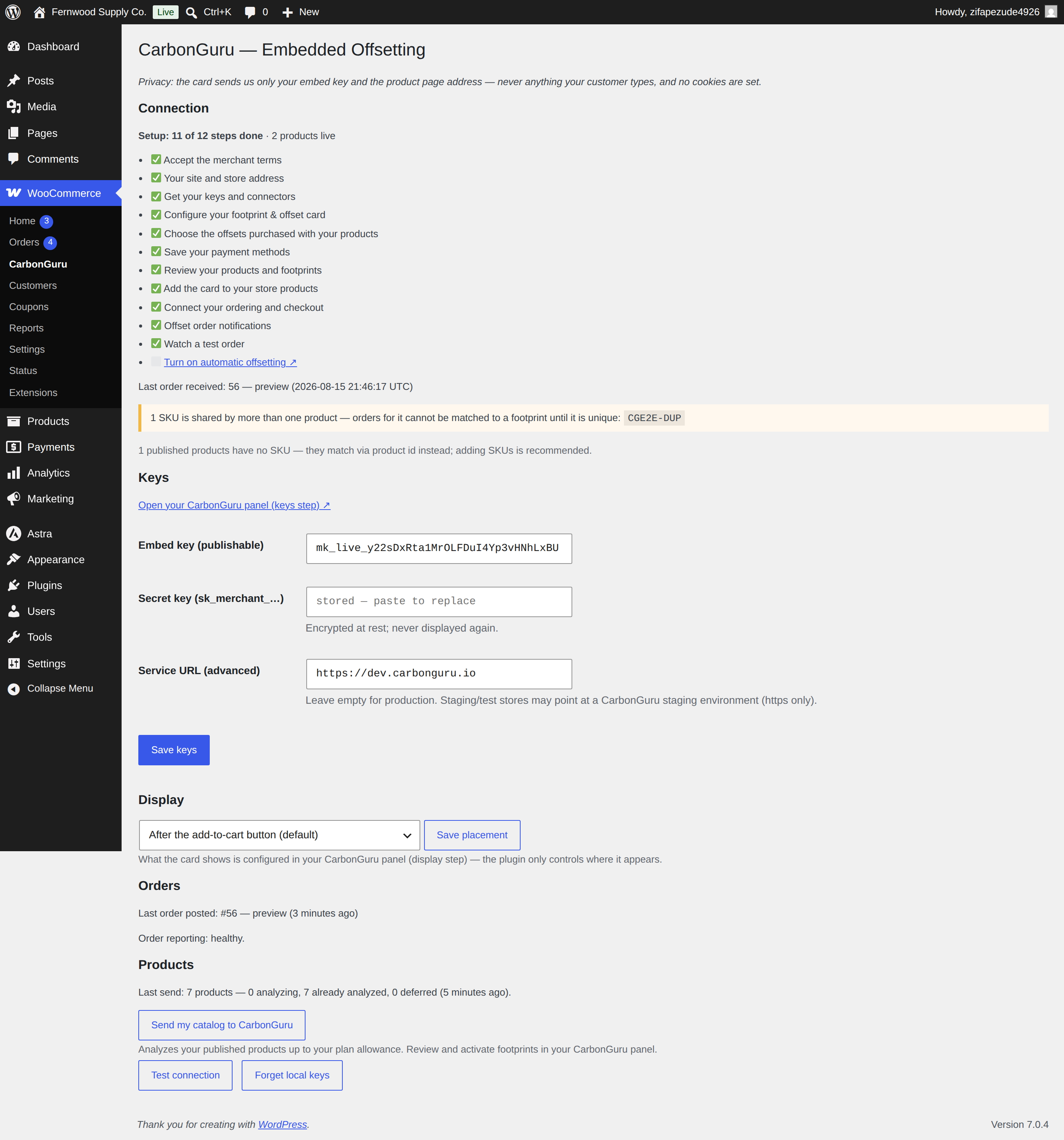 One-click setup: connect your CarbonGuru account; keys and card placement are managed for you.