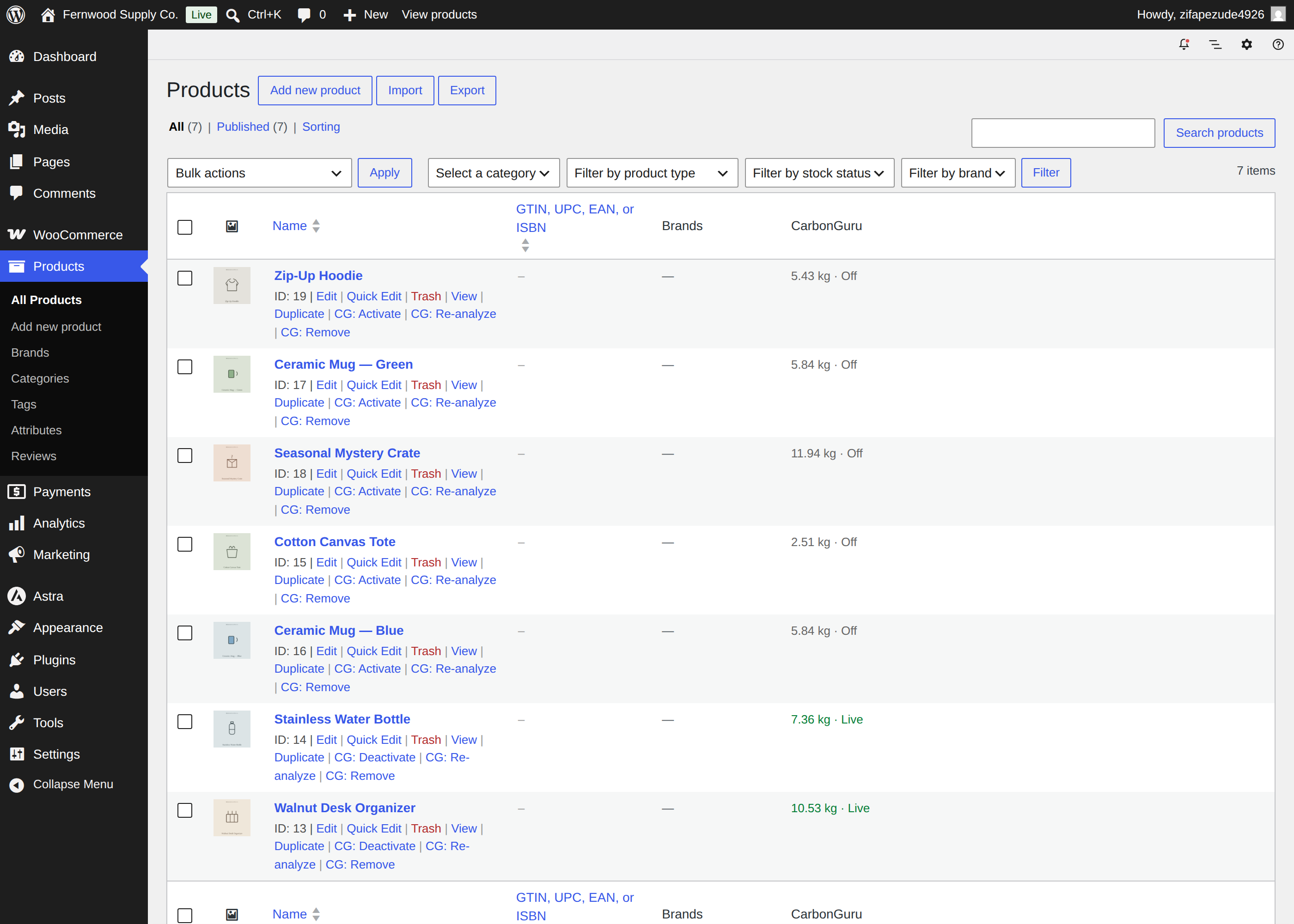 Manage every footprint from your Products list: per-product Activate / Deactivate / Re-analyze / Remove row actions, live/off state, and bulk actions.