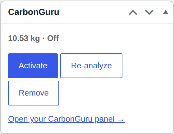 The CarbonGuru meta box on the product editor — per-product footprint, live/off state, and quick actions.