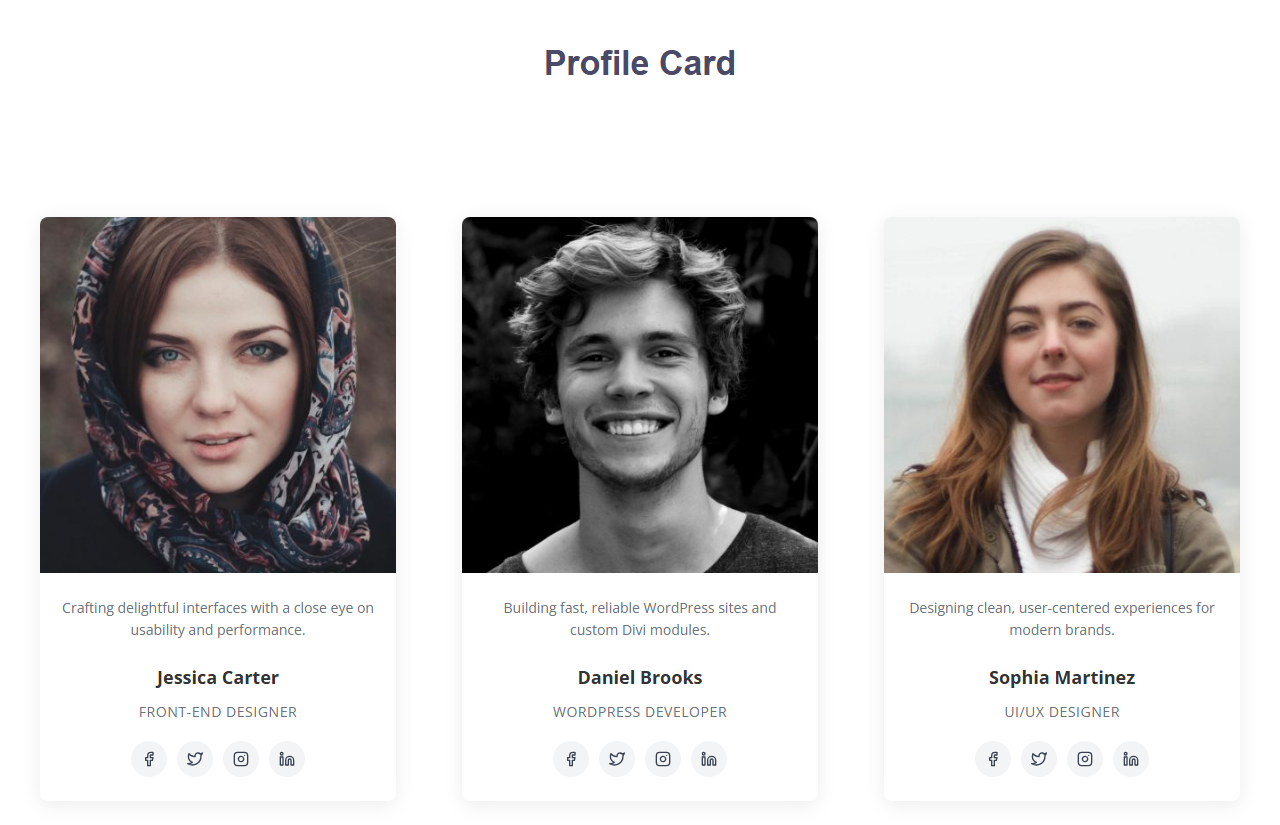 Profile Card module - showcase your team with photo, bio and social links.