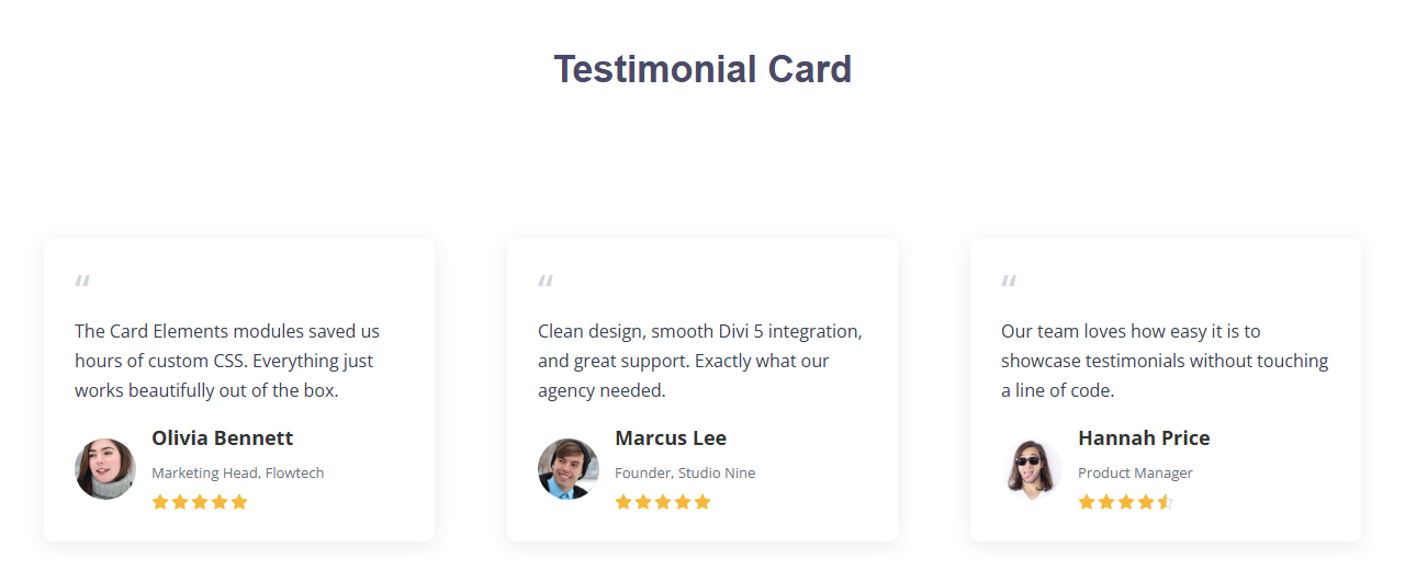 Testimonial Card module - display customer reviews with ratings.