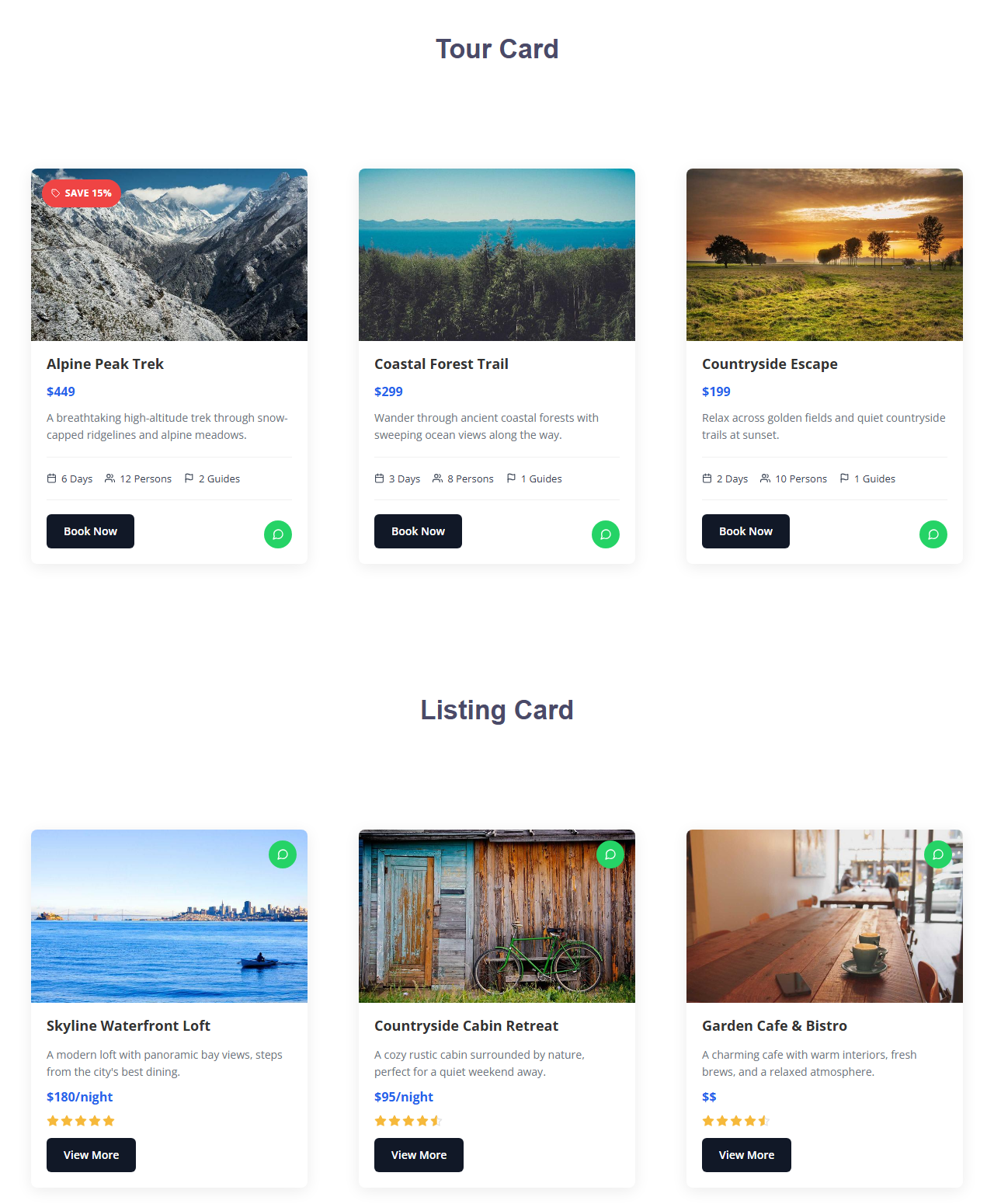 Tour Card and Listing Card modules - present bookings, listings and packages.