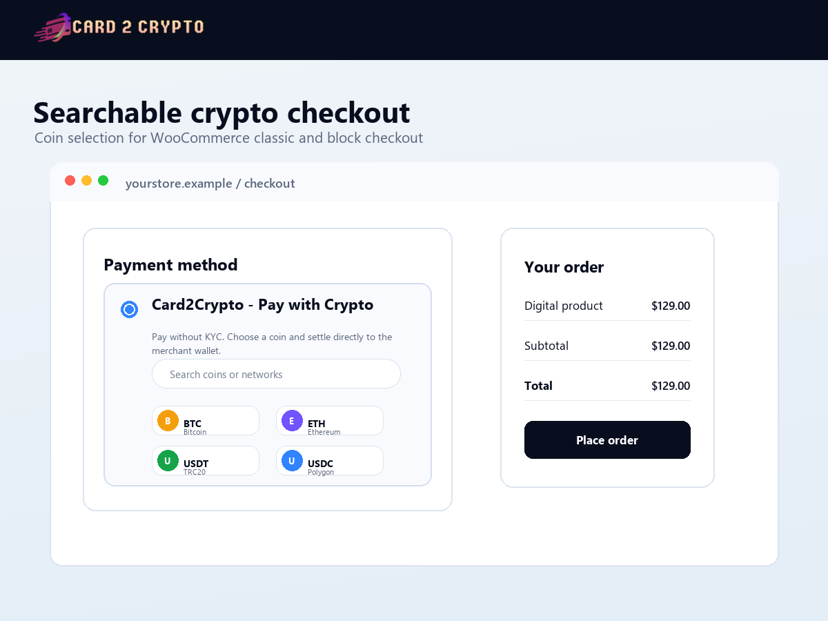 Searchable WooCommerce crypto checkout with popular coins, network badges and a clear Card2Crypto payment method.