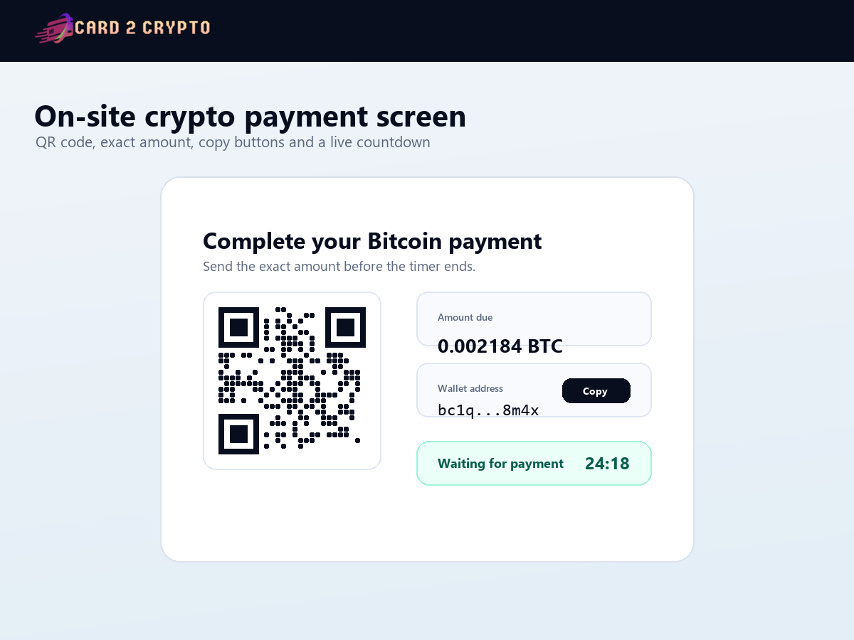 On-site payment screen with QR code, exact crypto amount, wallet address copy button and live countdown timer.