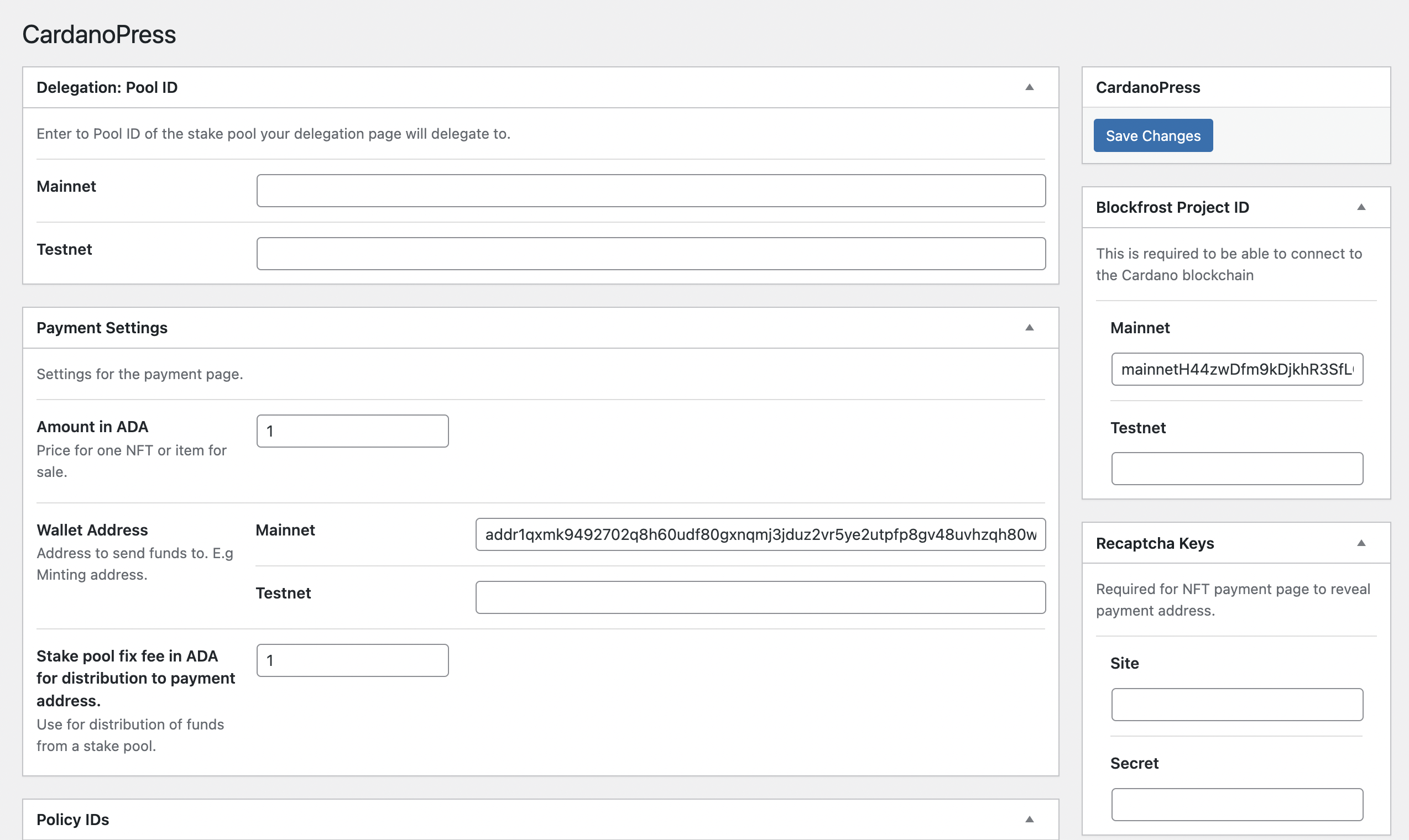 CardanoPress configuration screen