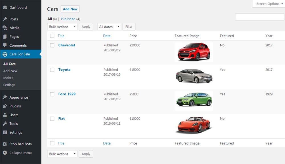 cars Table Page