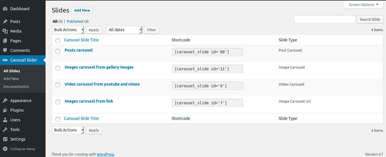 Carousel slider admin page