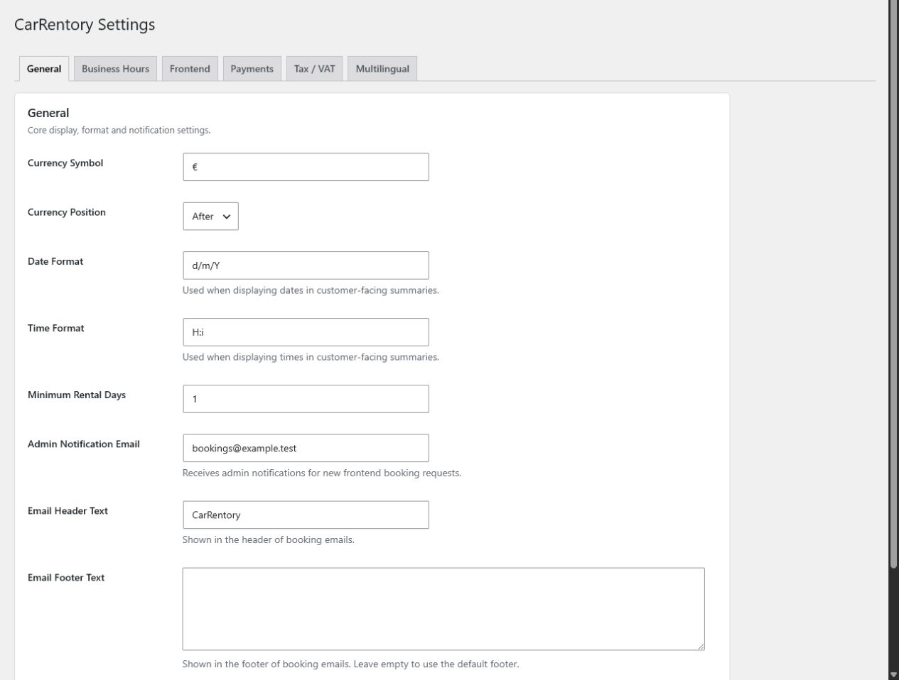 Configure CarRentory settings for currency, business hours, pages, and booking behavior.