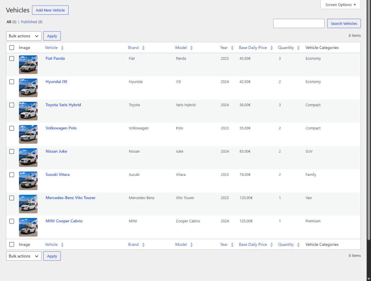 Manage vehicles with fleet details, pricing, images, and availability quantity.