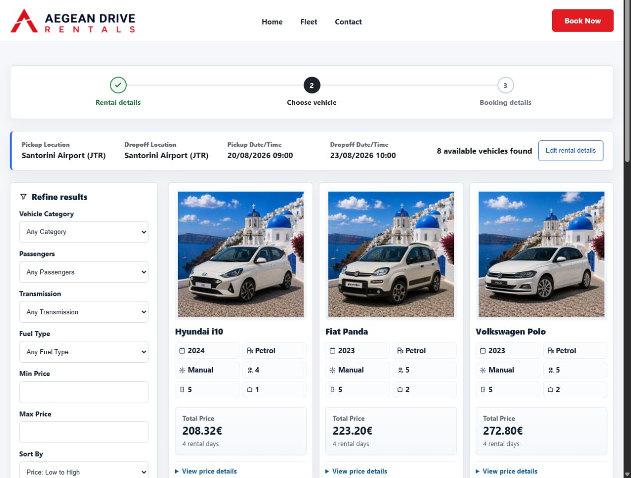 Display available vehicles with booking actions on the frontend.