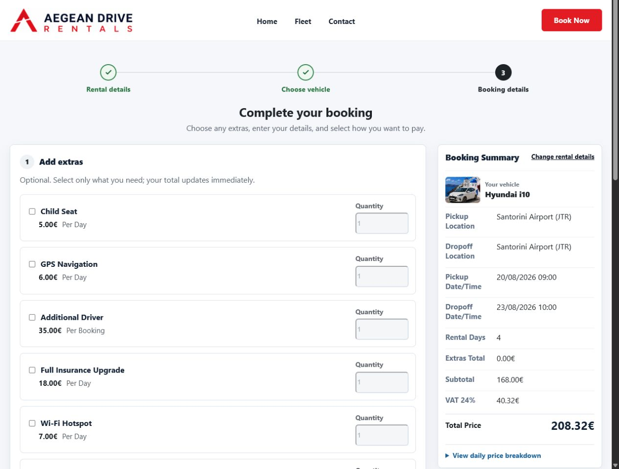 Collect customer details, extras, offline payment choice, and booking confirmation.