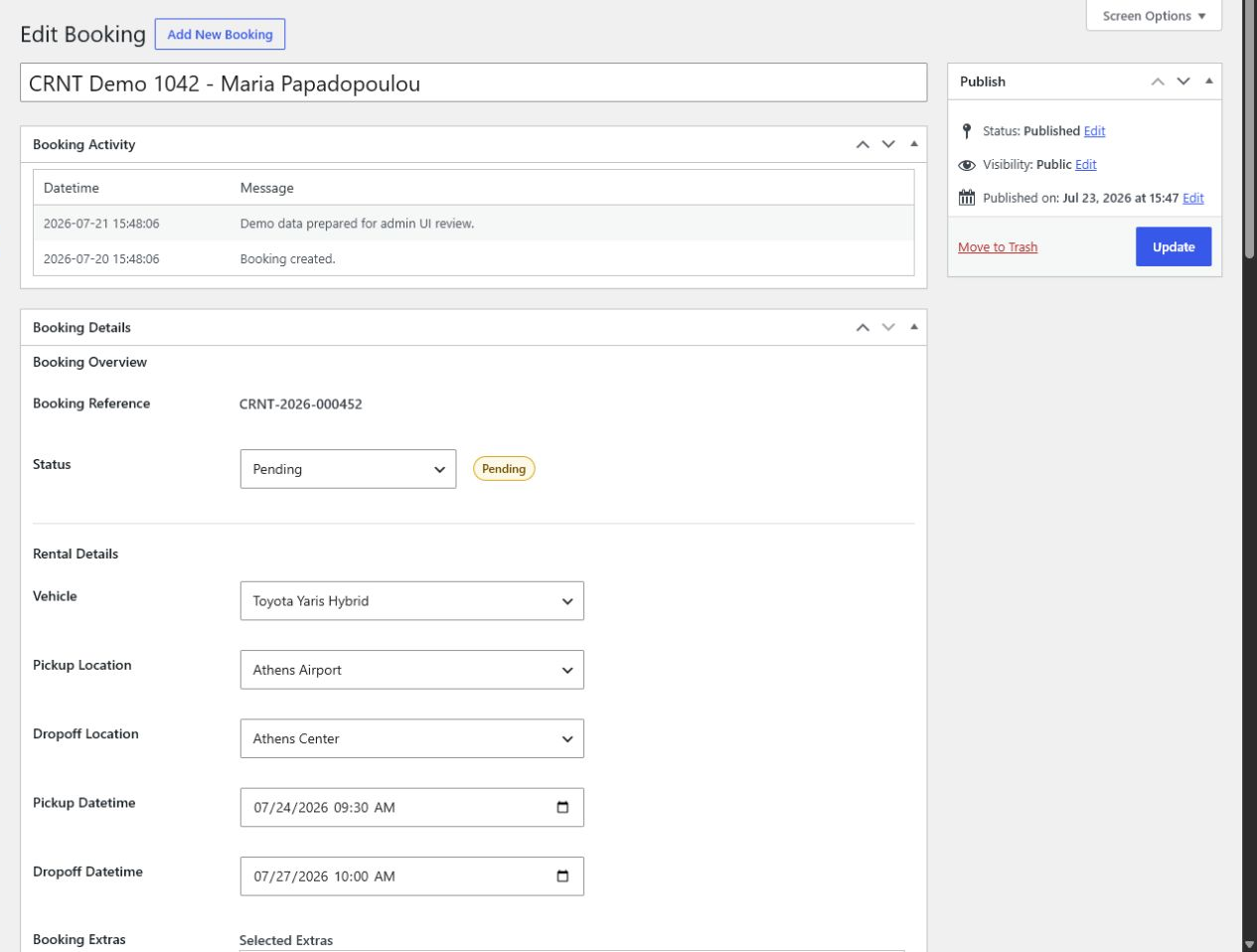 Review booking details, status, payment state, and pricing snapshots in admin.