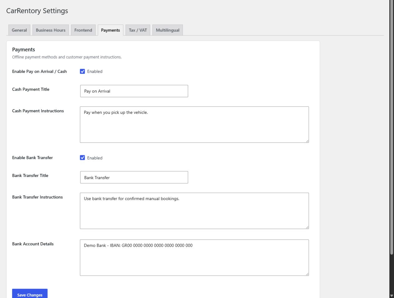 Configure offline payment methods such as pay on arrival and bank transfer.