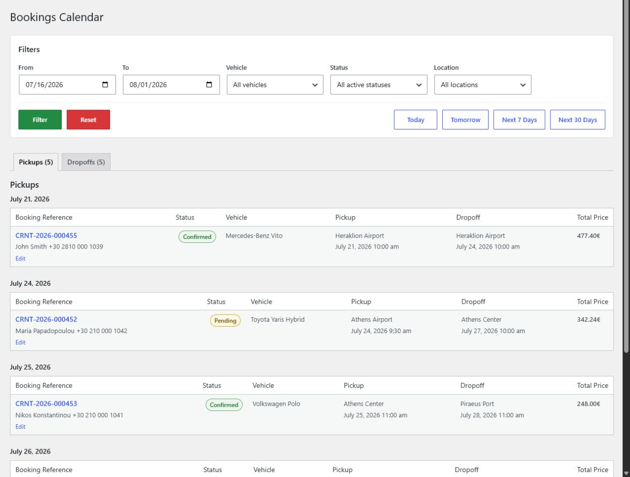 View bookings and availability from the admin calendar and availability screens.