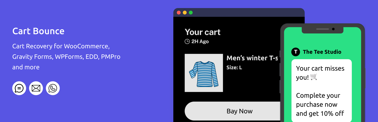 WordPress 外掛 Cart Bounce – Cart Recovery for WooCommerce, Gravity Forms, WPForms, EDD, PMPro and more 的封面圖片。