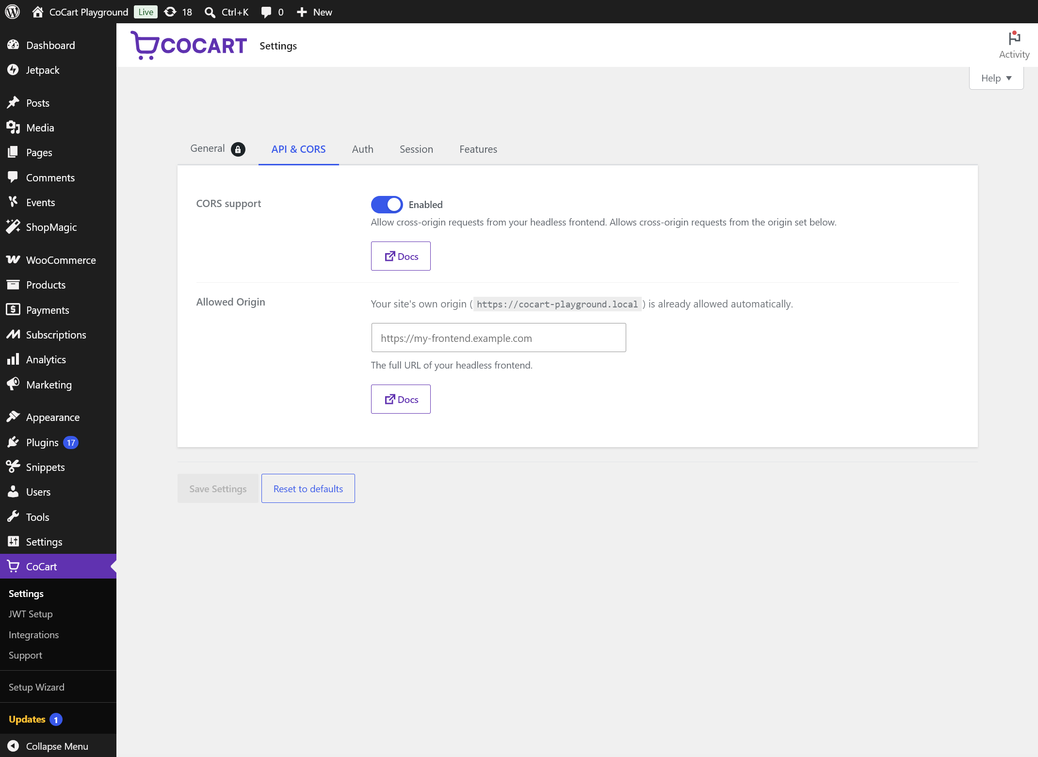 Settings page β configure CORS, authentication, sessions, and features without touching code.