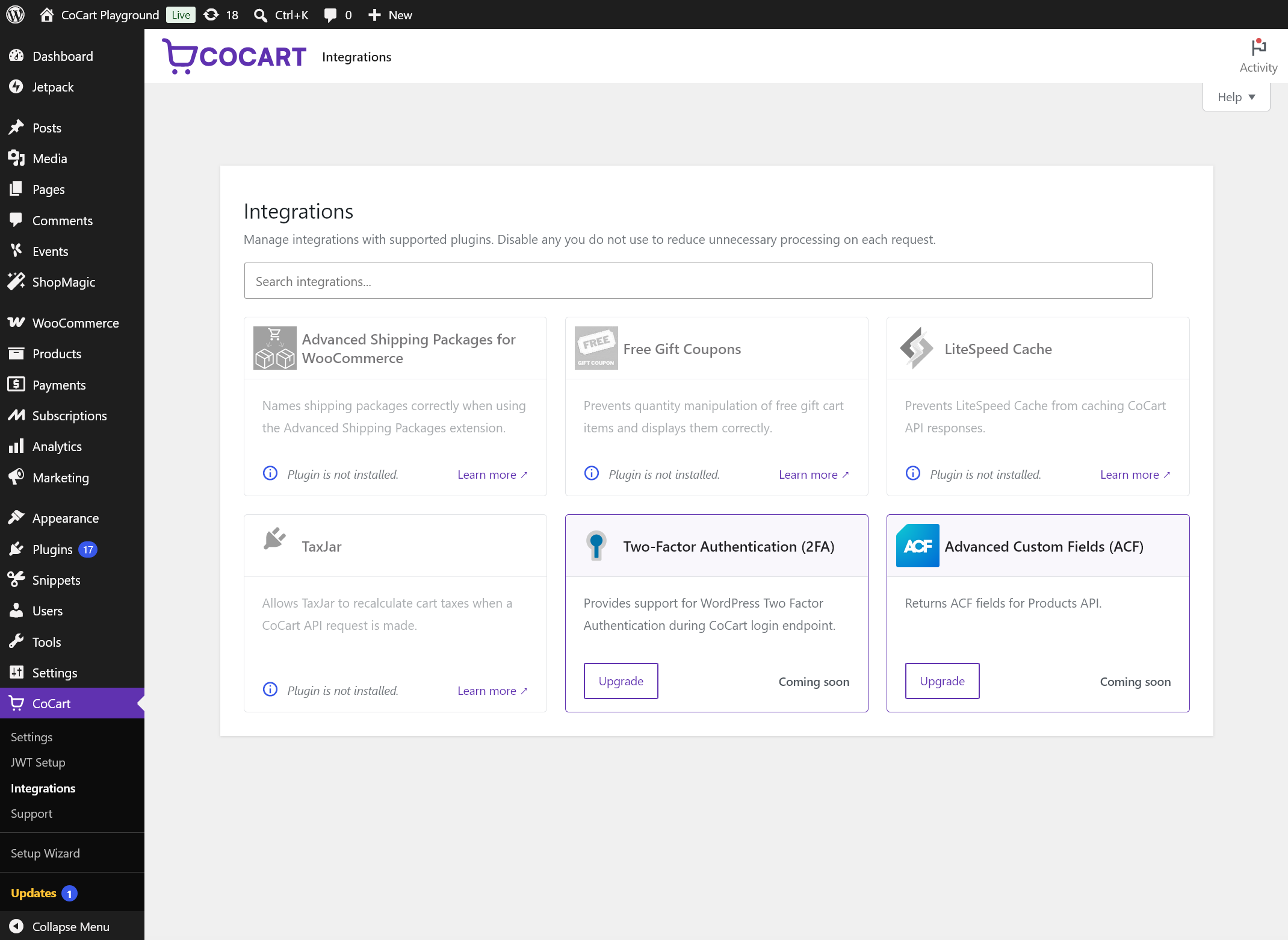 Integrations page β control which supported third-party plugins load during CoCart requests.