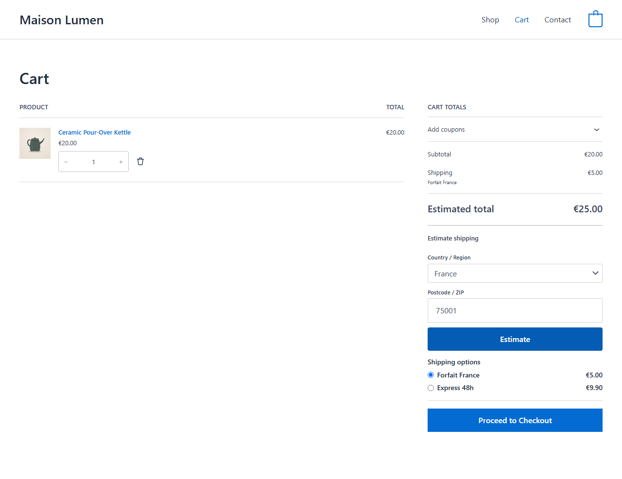The shipping rates for the entered address, ready to choose; the cart total updates.