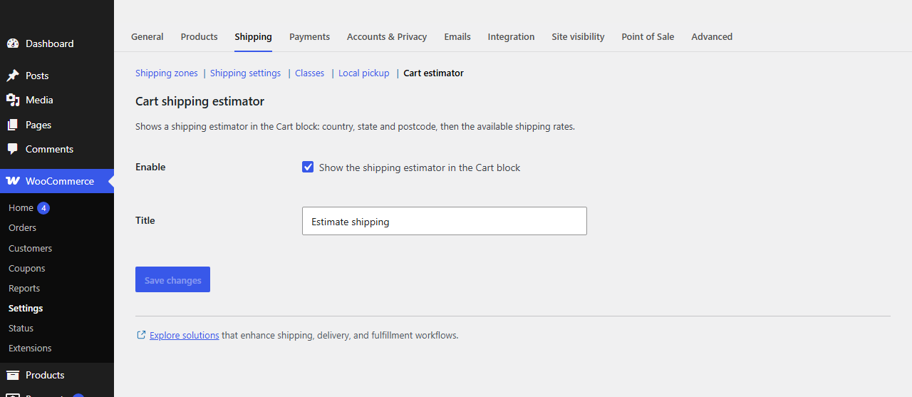 The settings in WooCommerce > Settings > Shipping > Cart estimator.