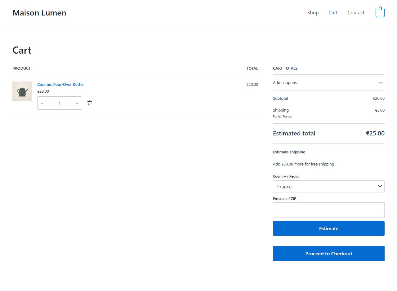 The optional Pro add-on: free shipping progress message in the estimator.