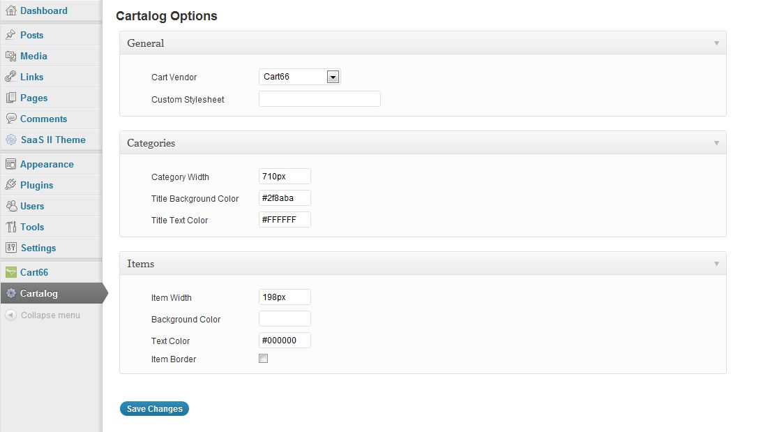 Settings for Categories, Items. Chose your supported cart vendor and add a CSS file to override
default settings not exposed in the admin settings.