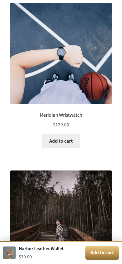 The bar on a 390px phone, with the product thumbnail, title, price and Add to cart.
