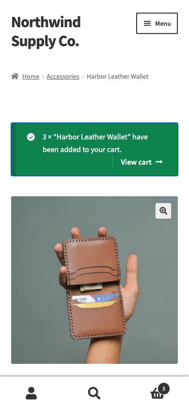 With 3 in the product's quantity field, the bar's Add to cart adds three.