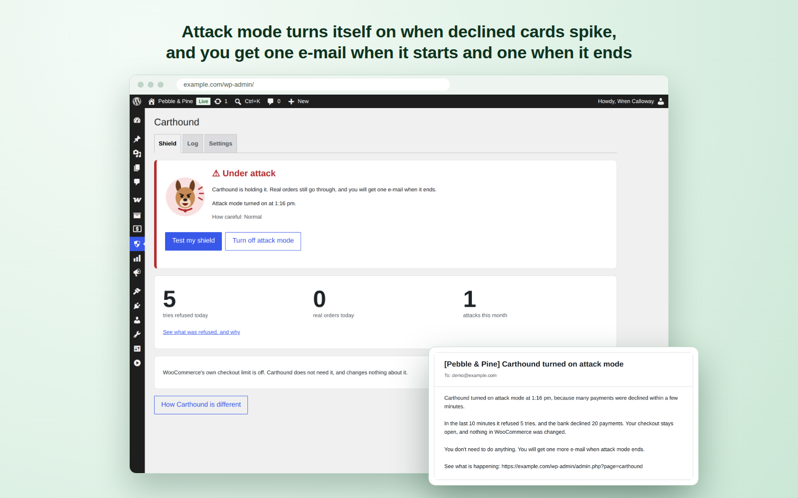 Attack mode turns itself on when declined cards spike, and you get one e-mail when it starts and one when it ends