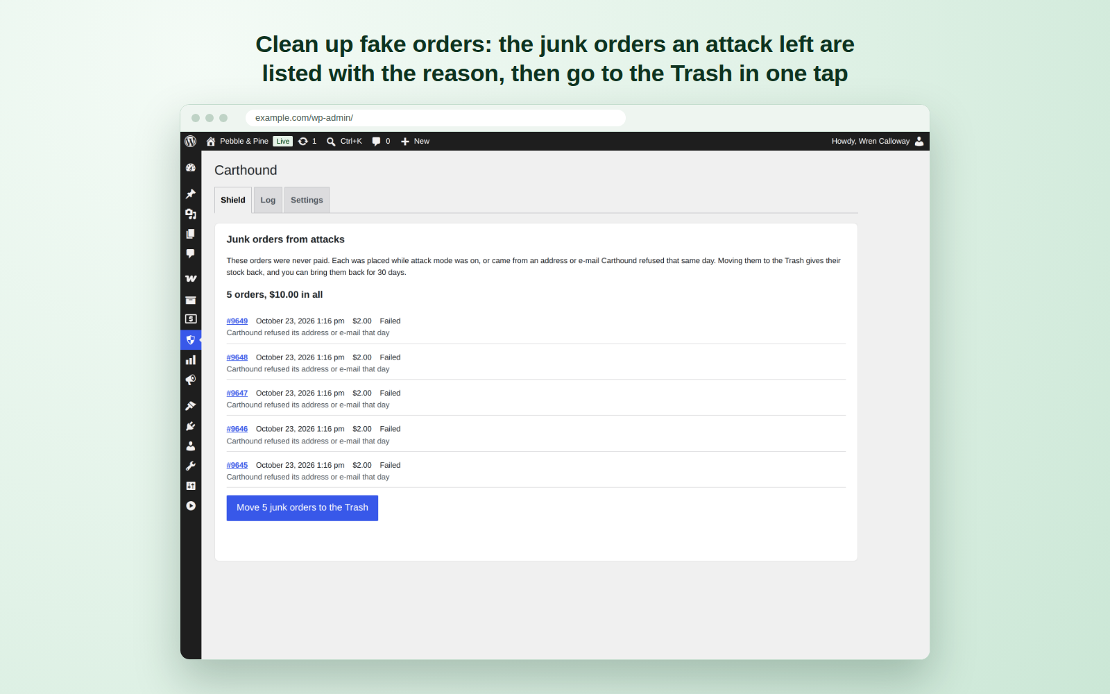Clean up fake orders: the junk orders an attack left are listed with the reason, then go to the Trash in one tap