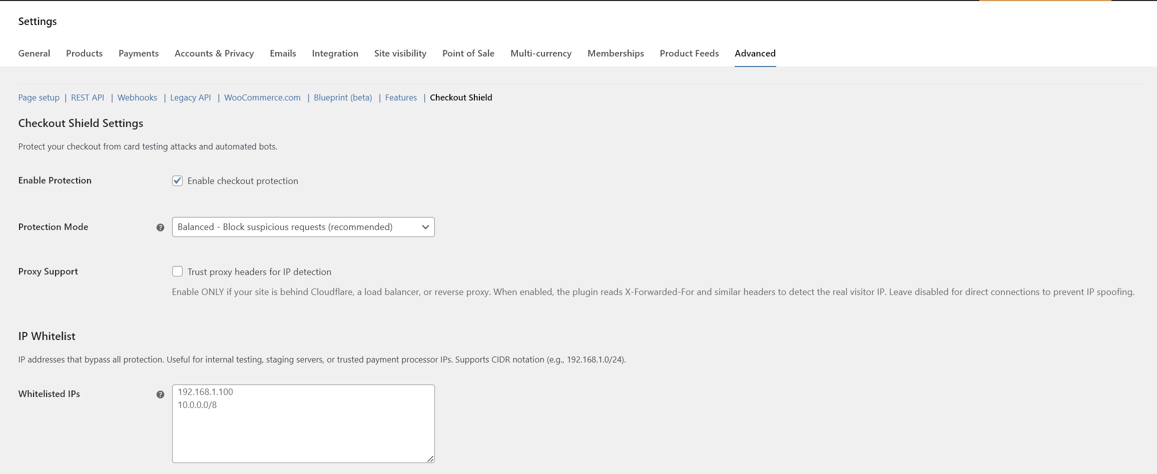 Settings page - Configure protection mode and options