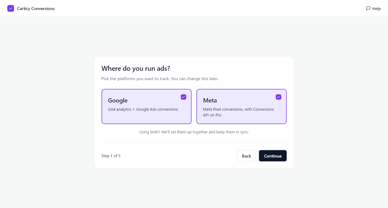 Choose what you track: GA4 analytics, Google Ads conversions, and the Meta Pixel.