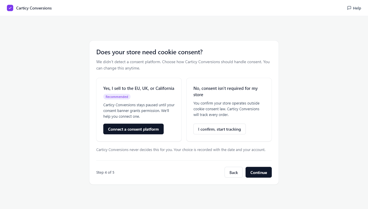 Consent-aware by design. Pick your store's consent posture, and nothing is sent to Google or Meta without permission.