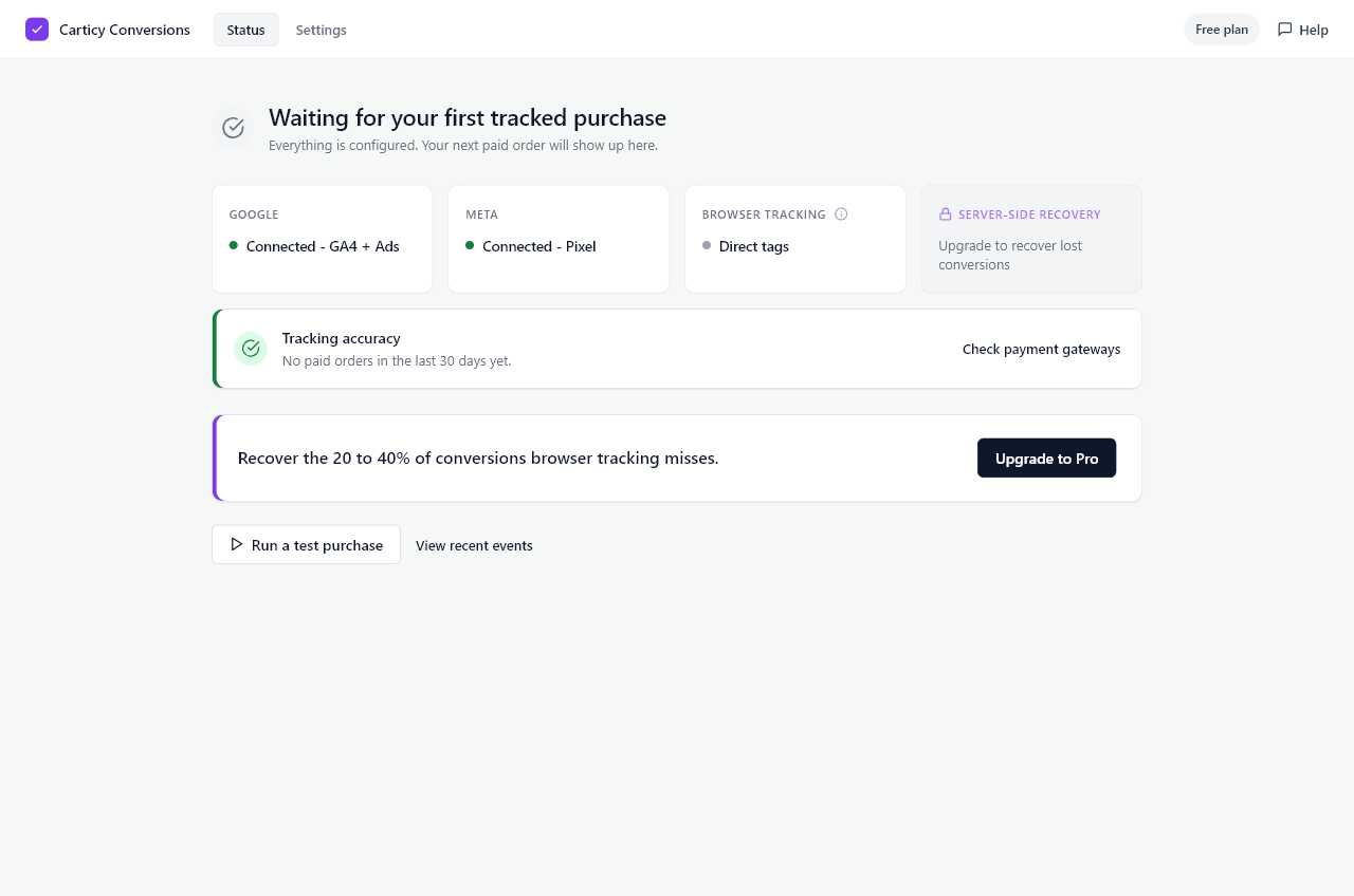 The Home dashboard shows measured tracking health, per-platform status, and the payment-gateway accuracy check.