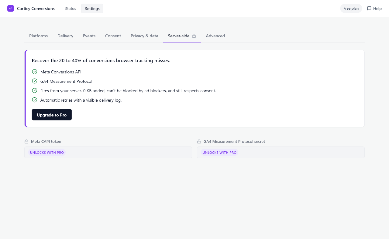 Server-side tracking (Pro): Meta Conversions API and GA4 Measurement Protocol fire from your server, deduplicated by order ID.