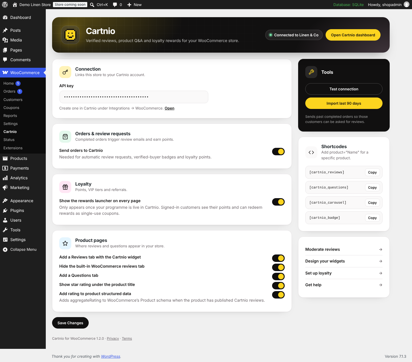 The Cartnio settings screen: connection status, order sync, loyalty and product page options, with one-click tools and shortcodes.