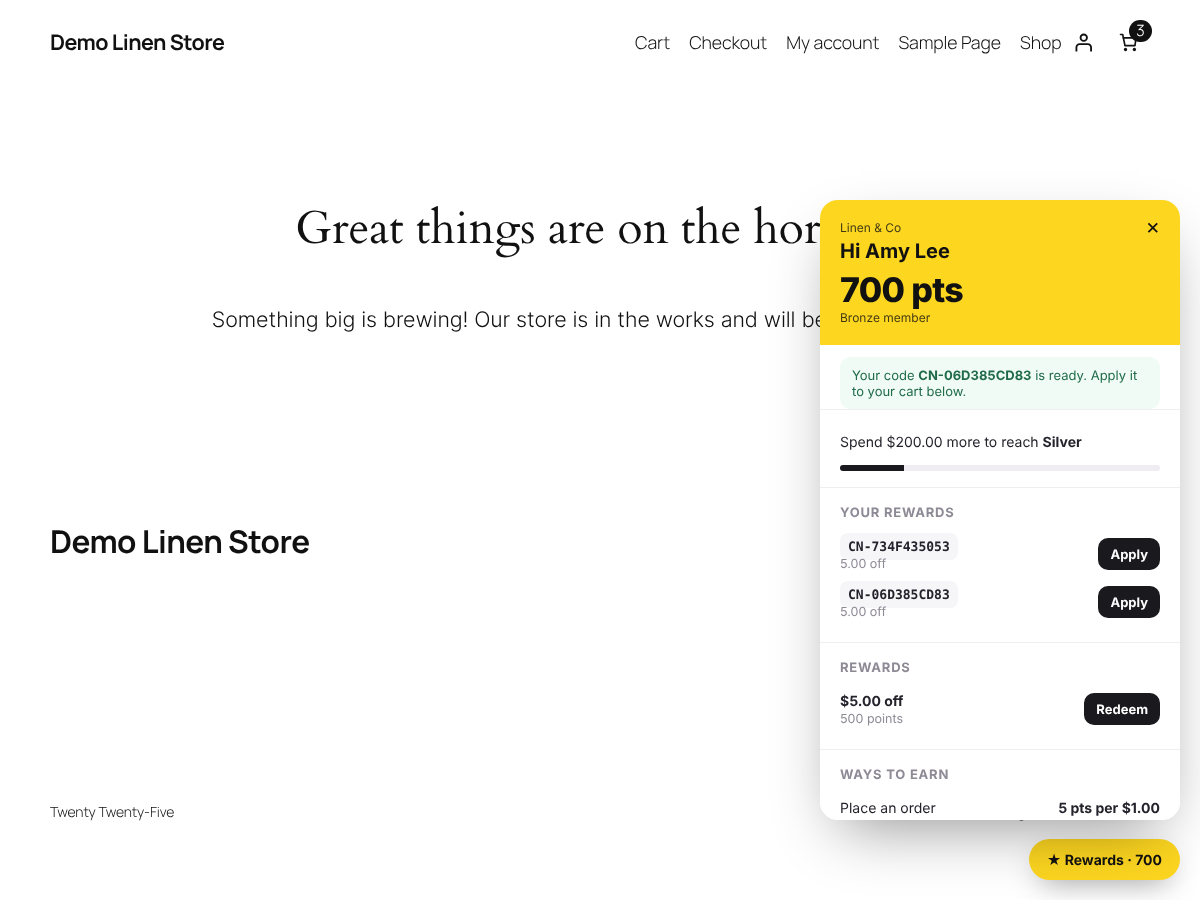 The rewards launcher: points balance, VIP progress and rewards redeemed as single-use coupons.