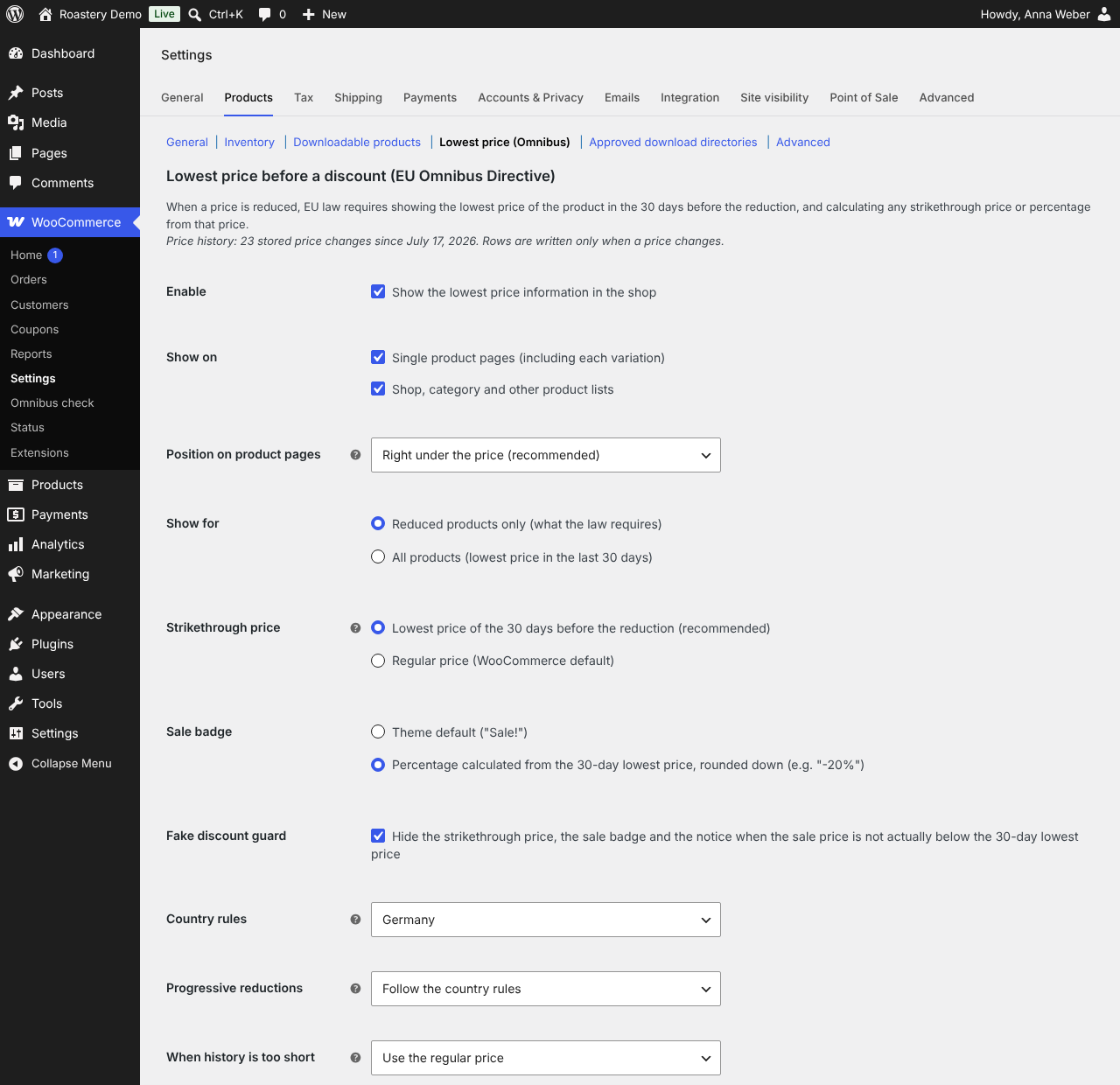 Settings, including country rules.
