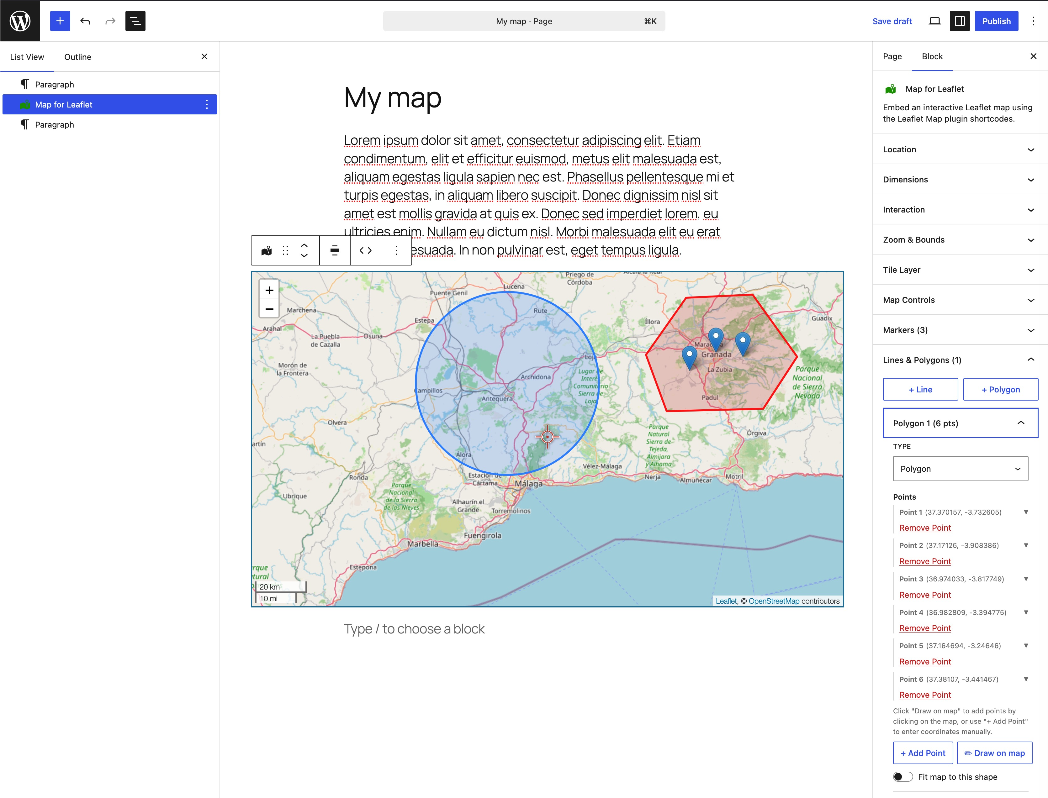 Map block in the editor with a circle, a polygon, and three markers.