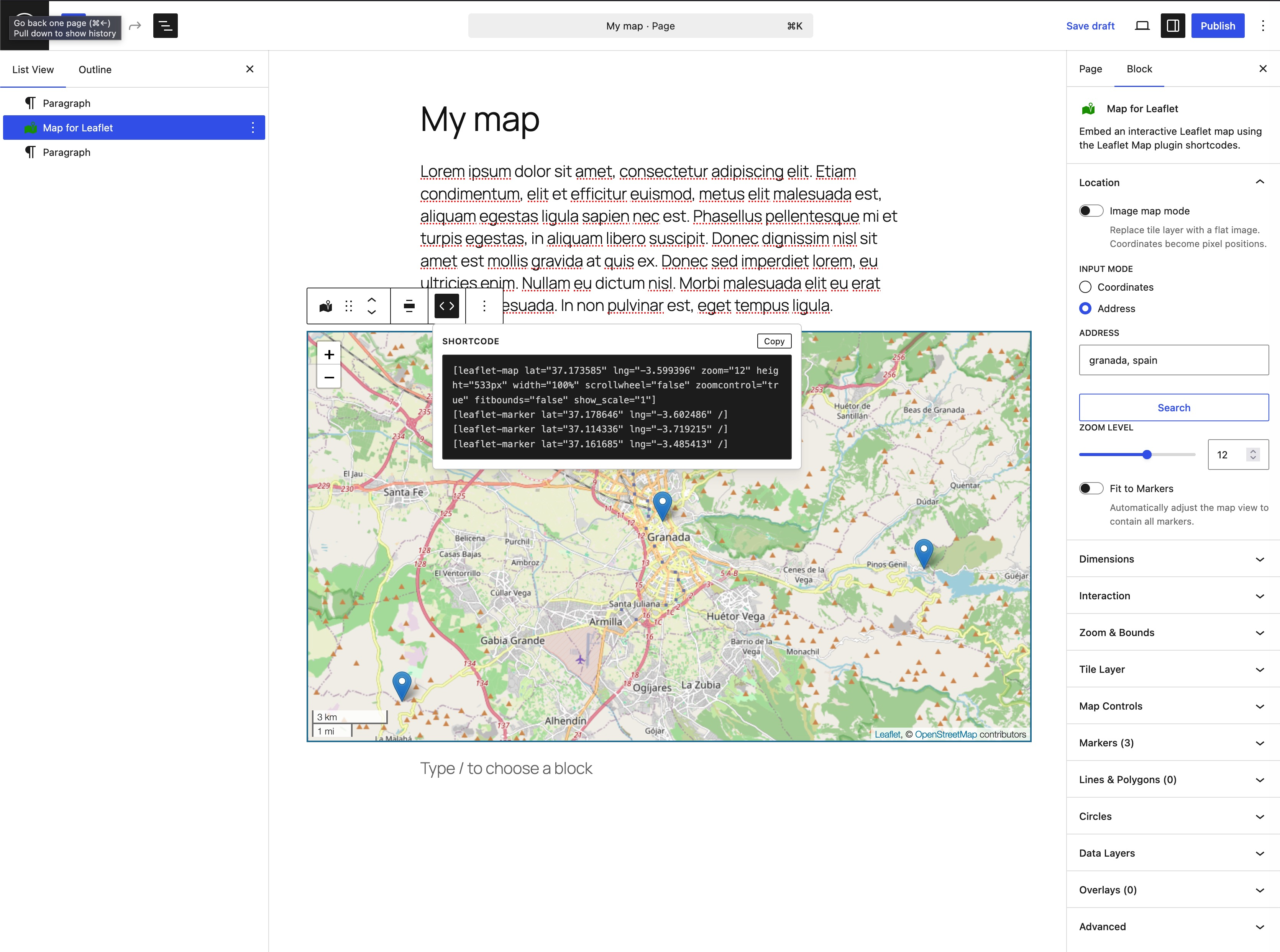 Map block showing the Shortcode Viewer popover with the shortcodes Leaflet Map will use to render the map.