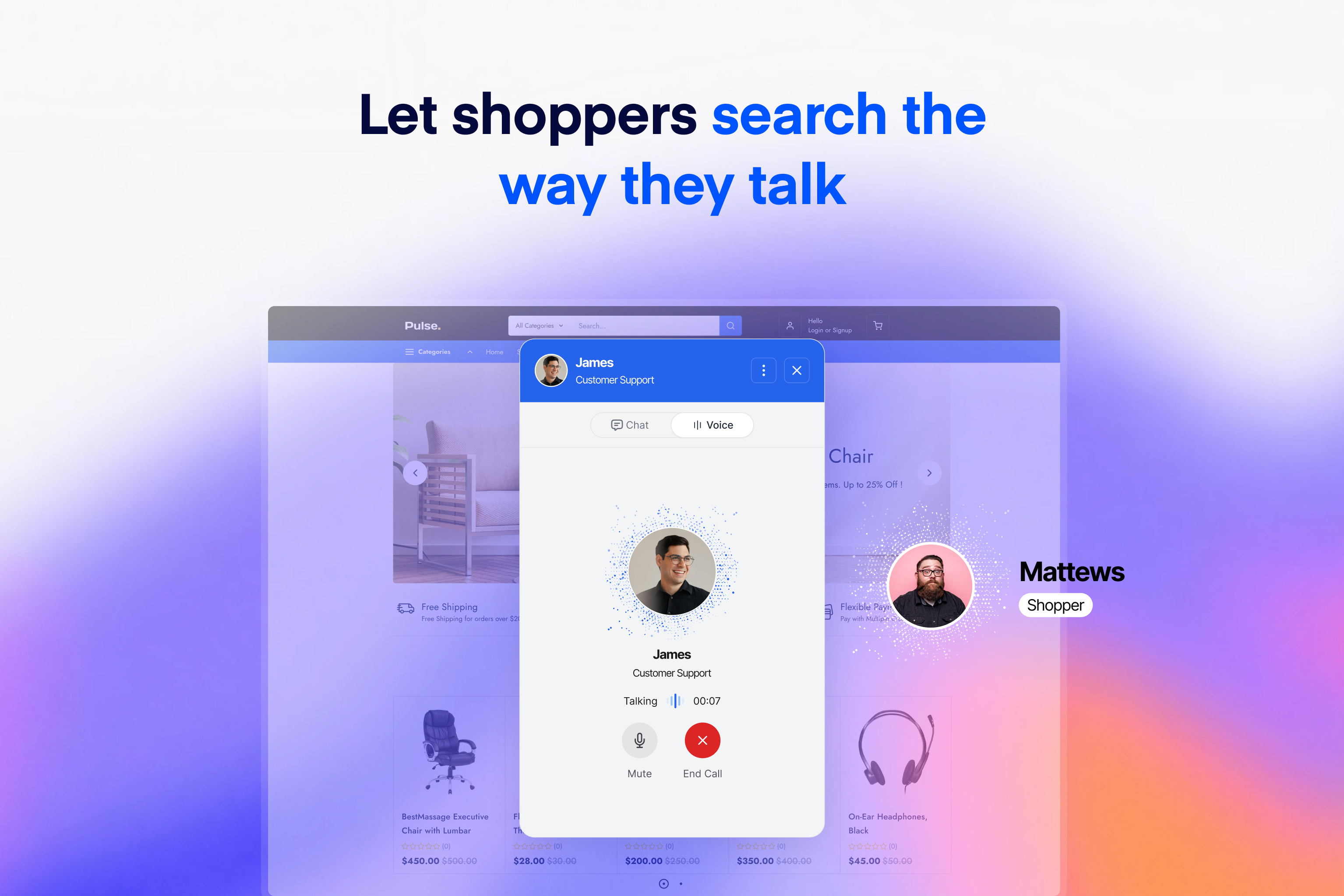 Voice conversations run on the storefront while the shopper browses