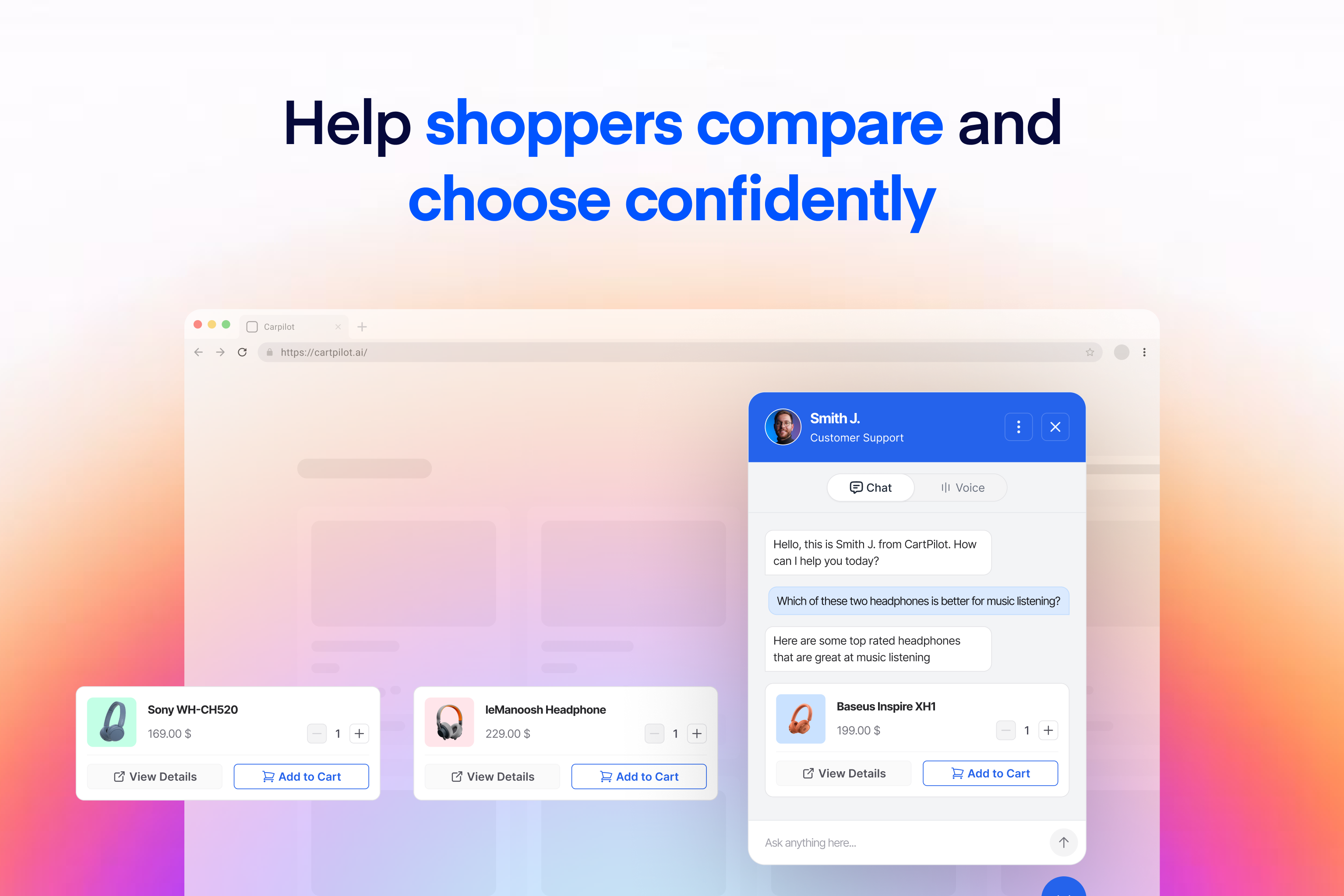 Side-by-side product comparisons, each with its own add-to-cart