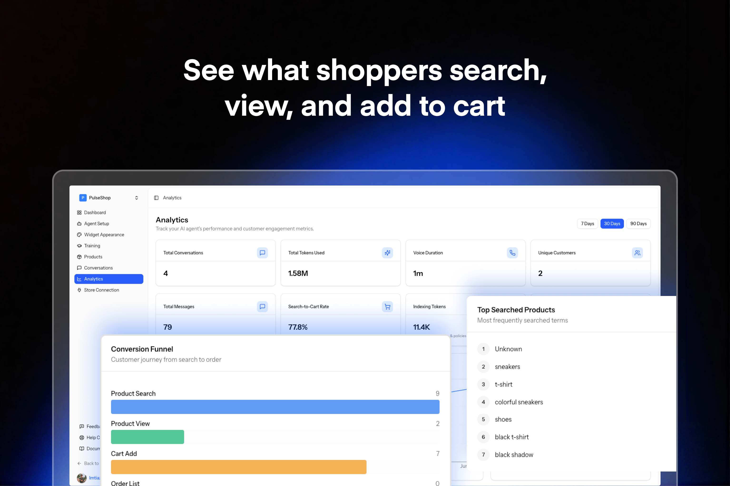 Analytics for conversations, top searches, and the search-to-cart funnel