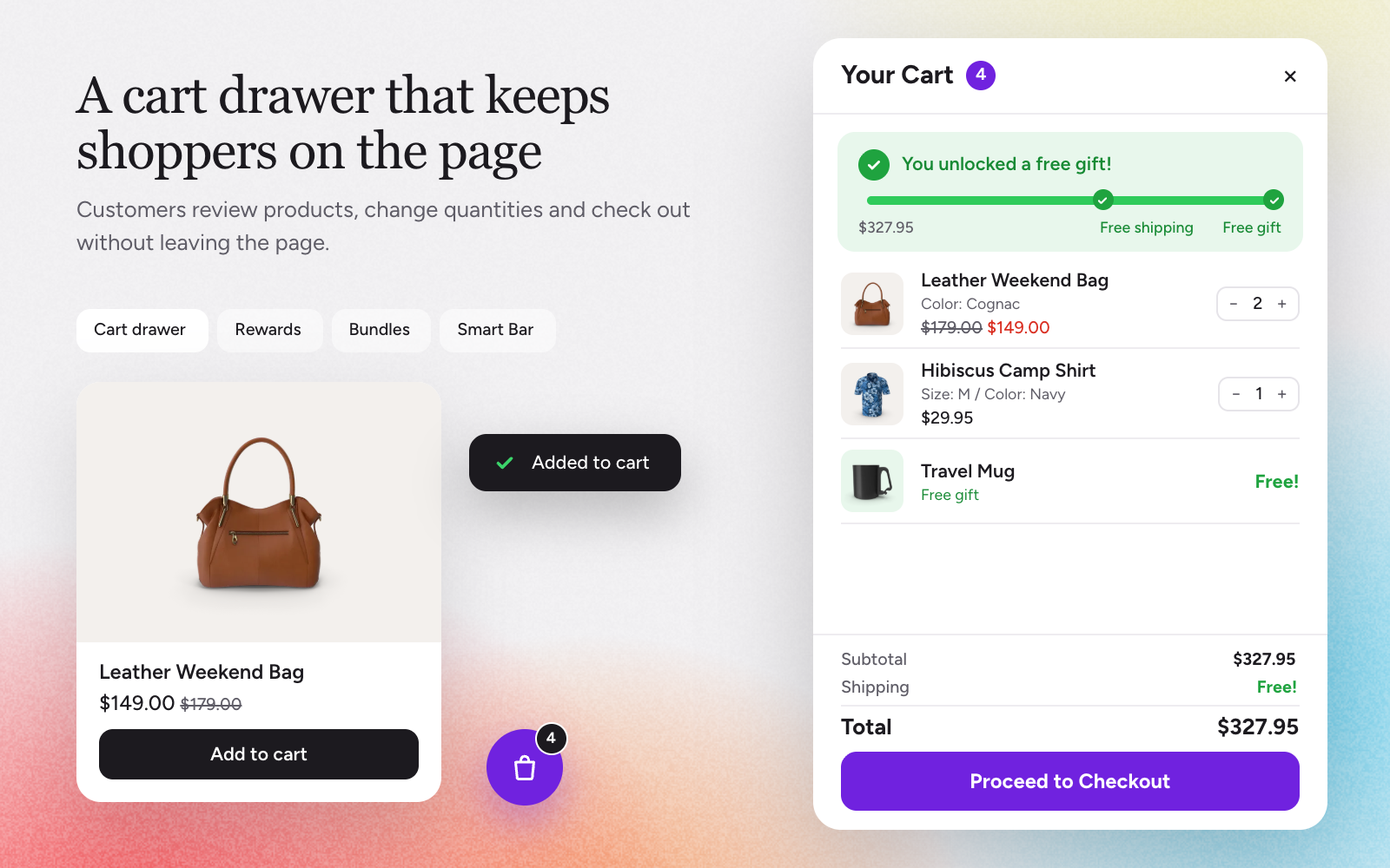 The slide-out cart drawer, launcher and added-to-cart notice.