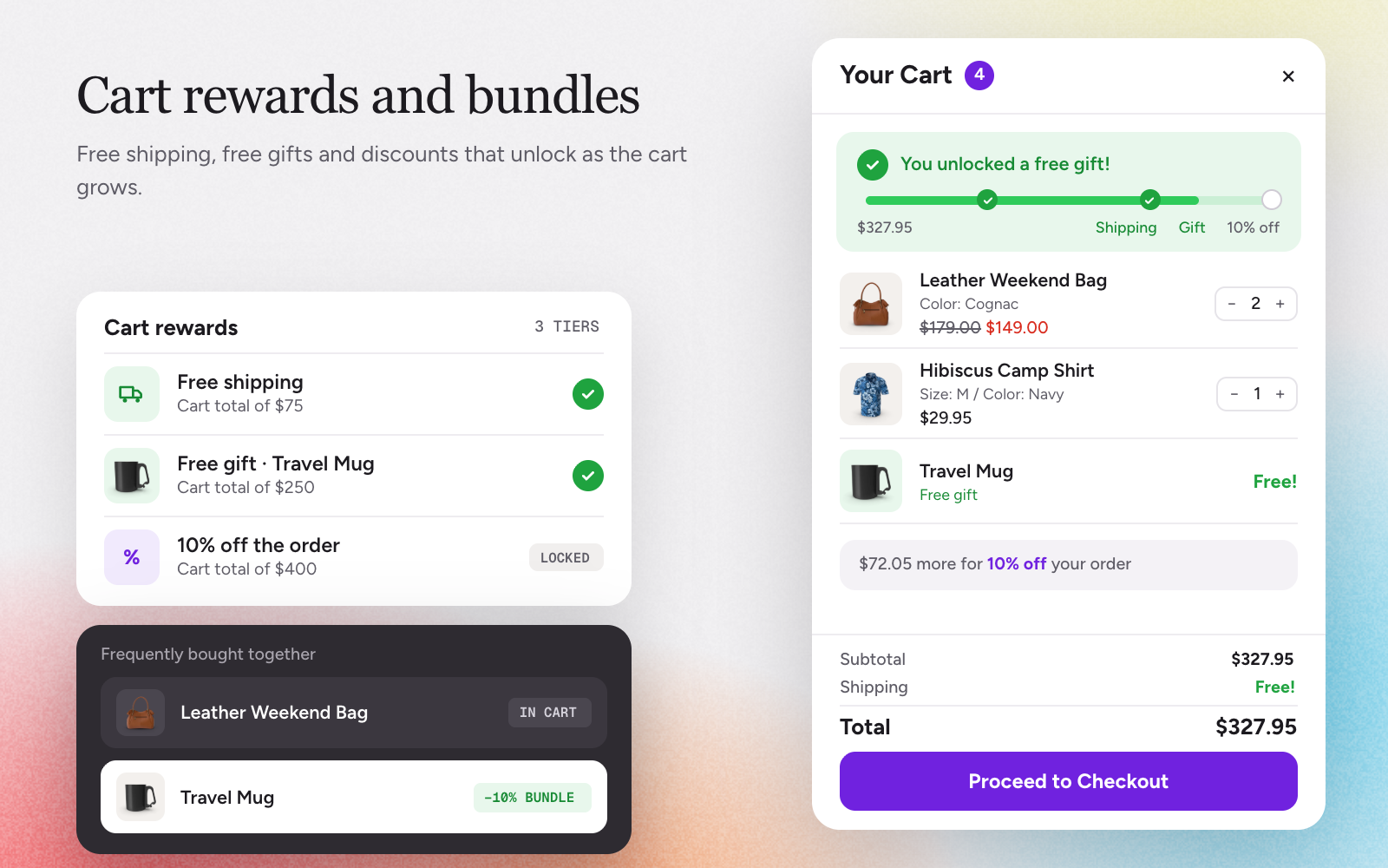 Pro cart rewards for free shipping, free gifts and discounts, with bundles.