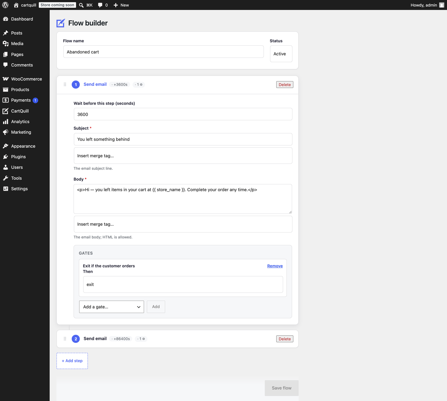 The step builder: an ordered list of step cards you reorder by dragging. Each step carries its own copy, its own delay, and its own condition gates — here, leave the flow as soon as the customer orders.