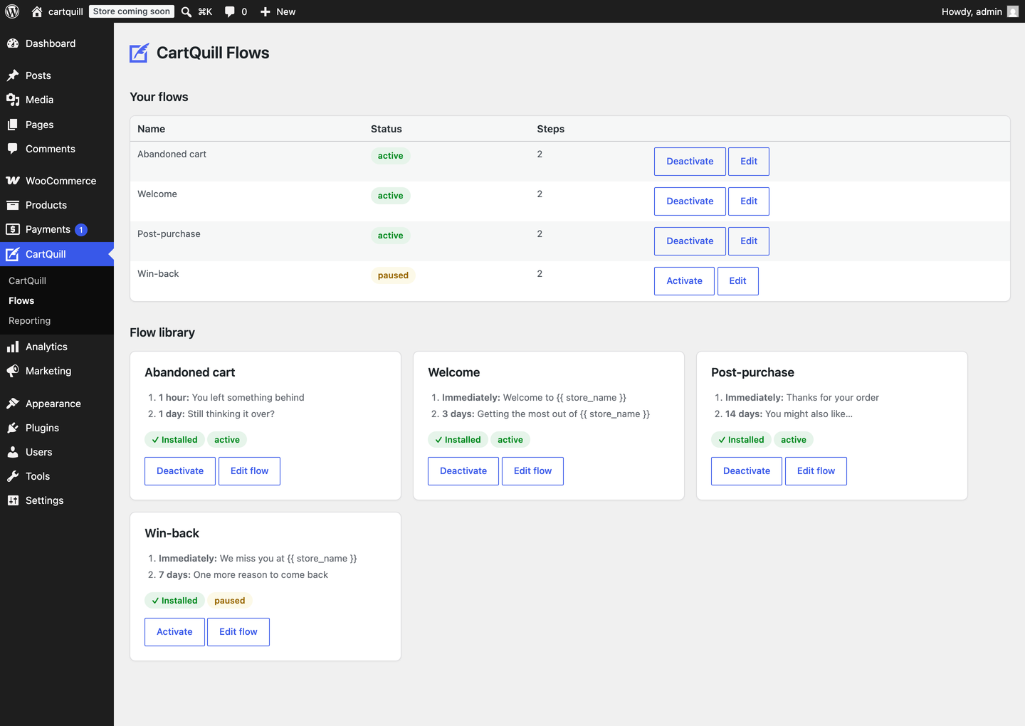 Your flows, and the library they came from: install a welcome, post-purchase, abandoned cart, or win-back flow in one click, then edit it like any other.
