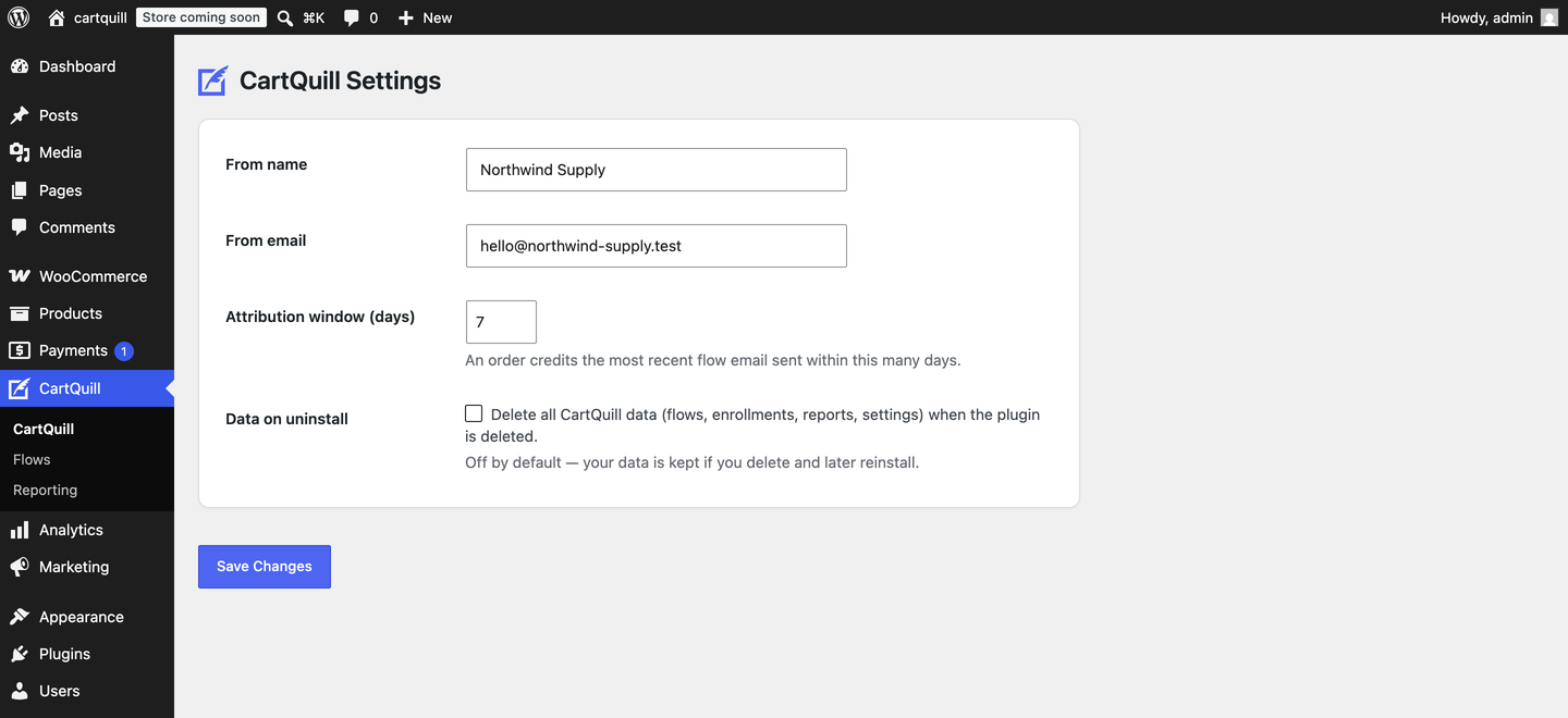 Settings: the identity your emails come from, how long the attribution window runs, and whether CartQuill removes its data when you delete it.