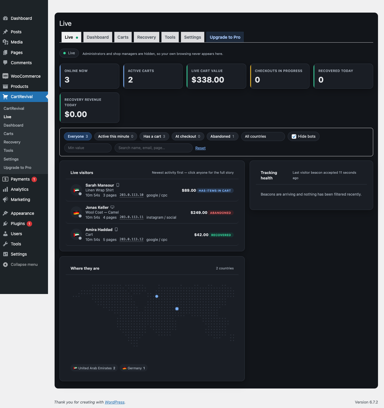 The Live monitor — every shopper on your store right now, with their cart value updating as it changes. This is the view no other recovery plugin gives you.